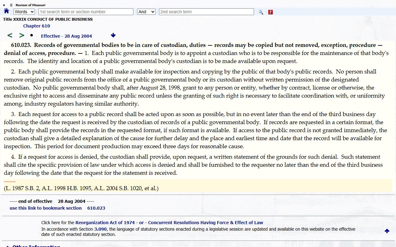 Pettis County court records Missouri public record custodian statute