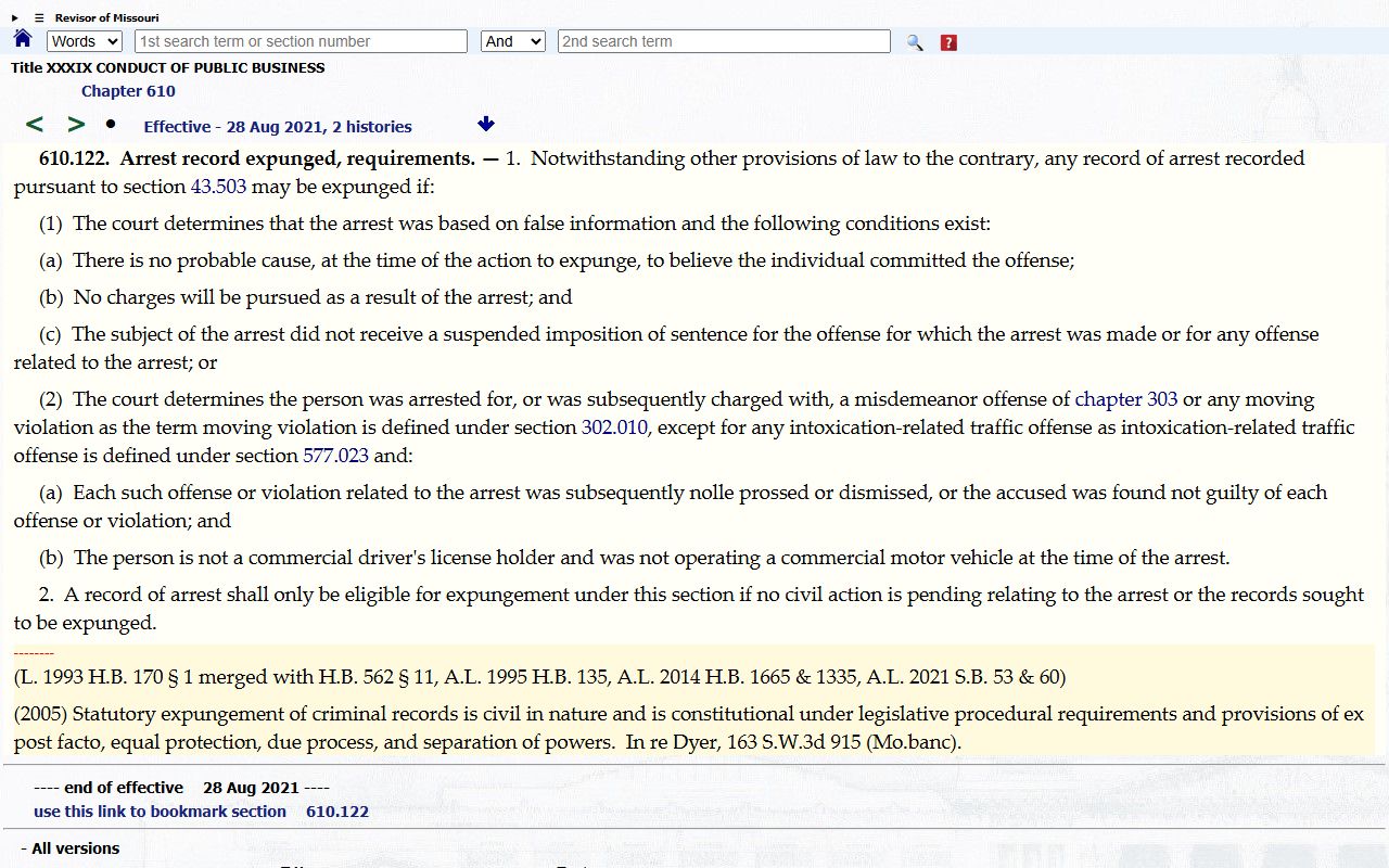 Pettis County criminal court records Missouri arrest expungement statute