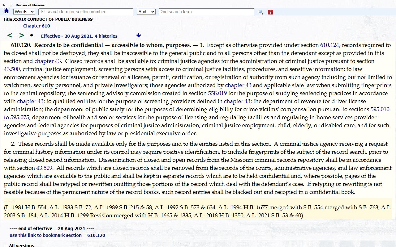 Pettis County criminal court records Missouri closed criminal records statute