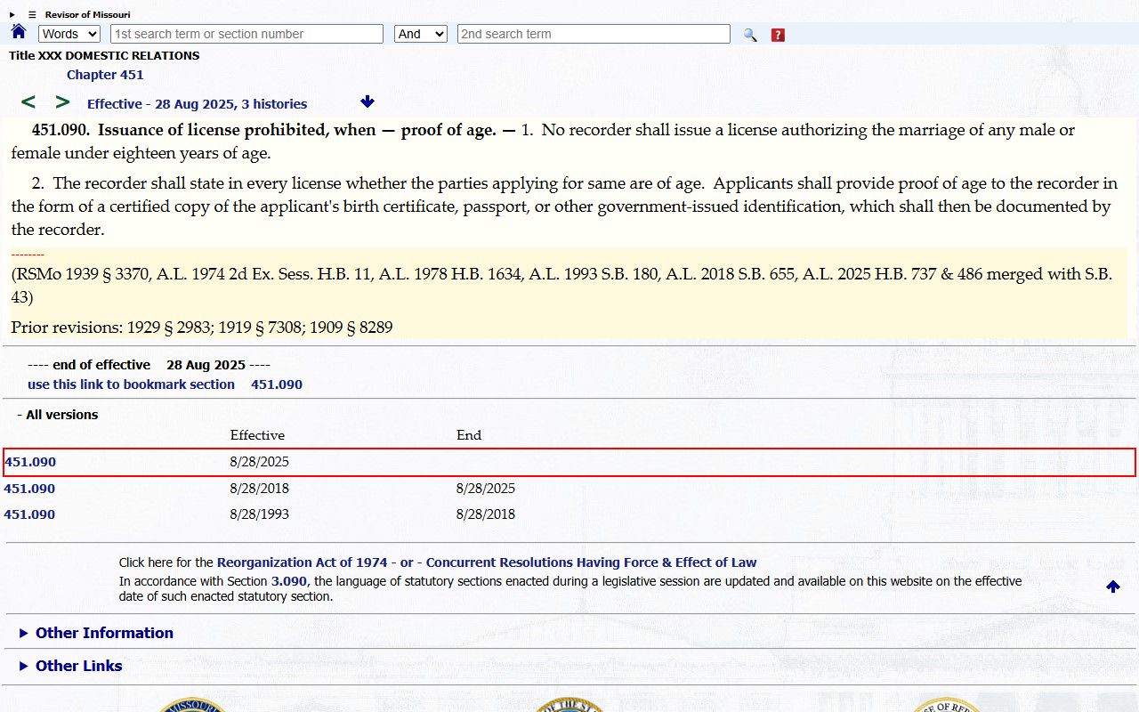 Pettis County probate records Missouri marriage license age statute